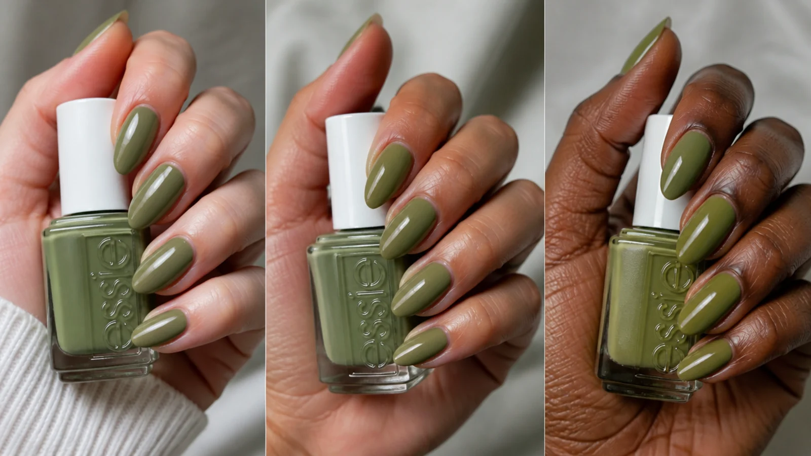 Light olive green swatches shown against fair, tan and deep skin tones