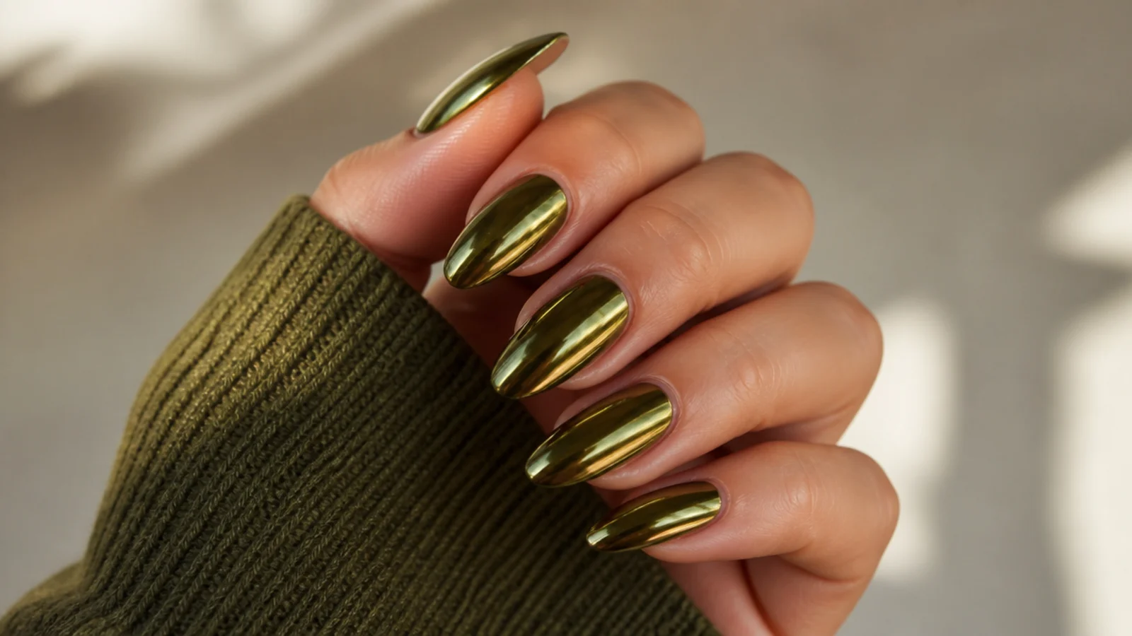 Olive green acrylic nails with a warm gold chrome mirror finish