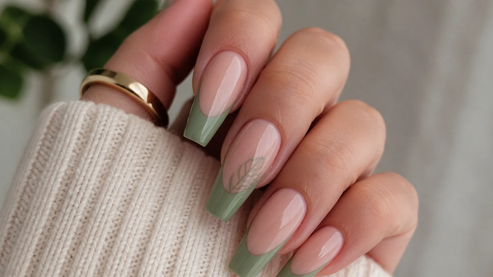 Nude olive green french tip acrylic nails on a coffin shape