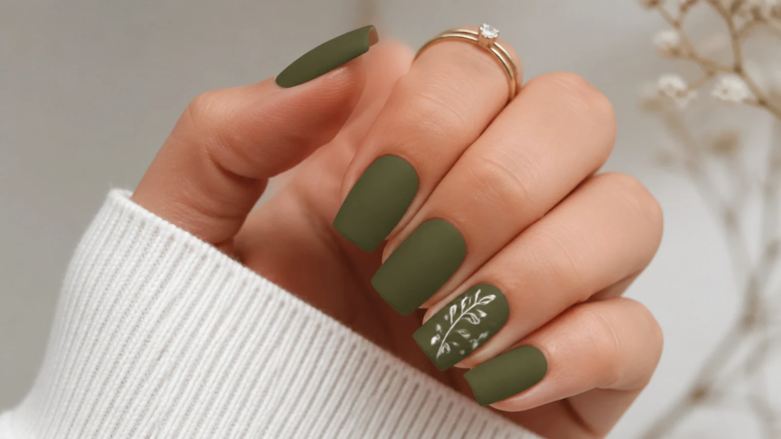Matte deep army olive green acrylic nails on a square shape