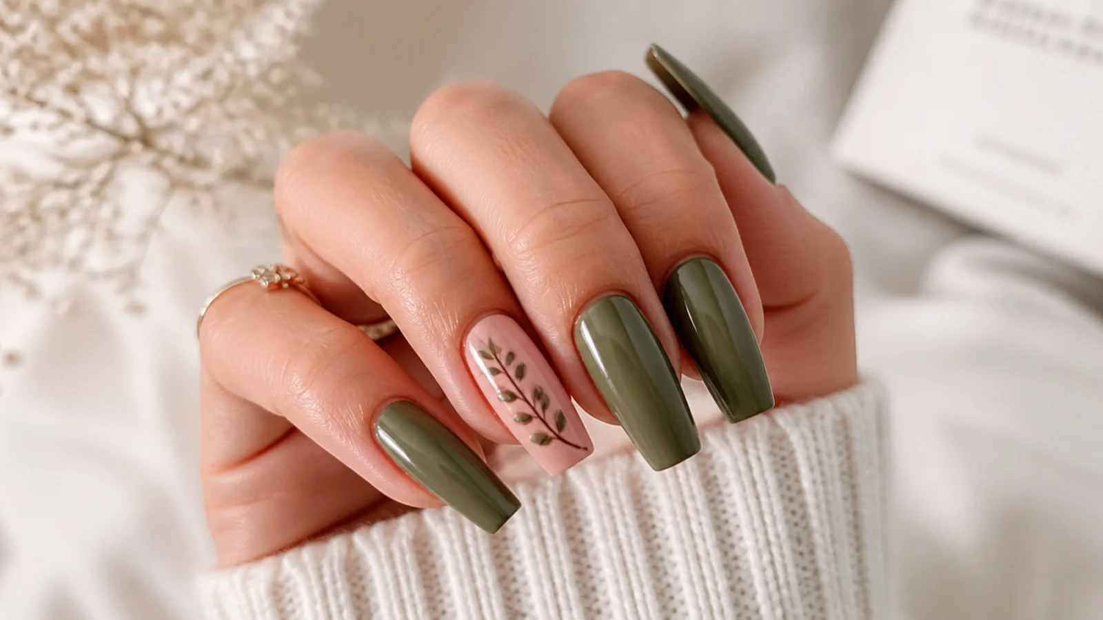 Olive green acrylic nails with one soft dusty pink accent nail