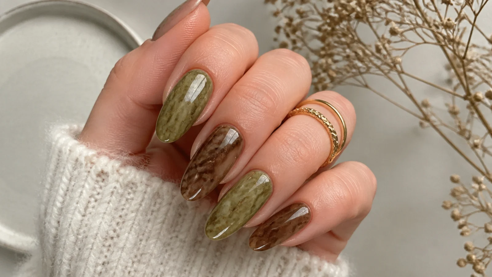 Olive green and brown marble acrylic nails with soft veining