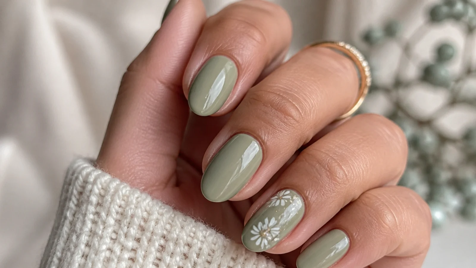 Soft light grayed olive green acrylic nails on a short almond shape