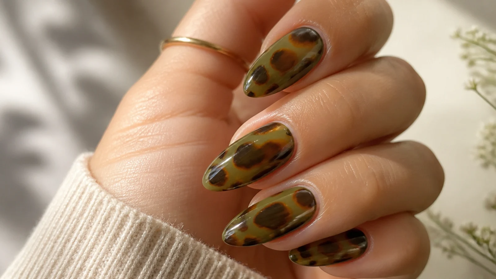 Olive green tortoiseshell acrylic nails with amber and brown spots