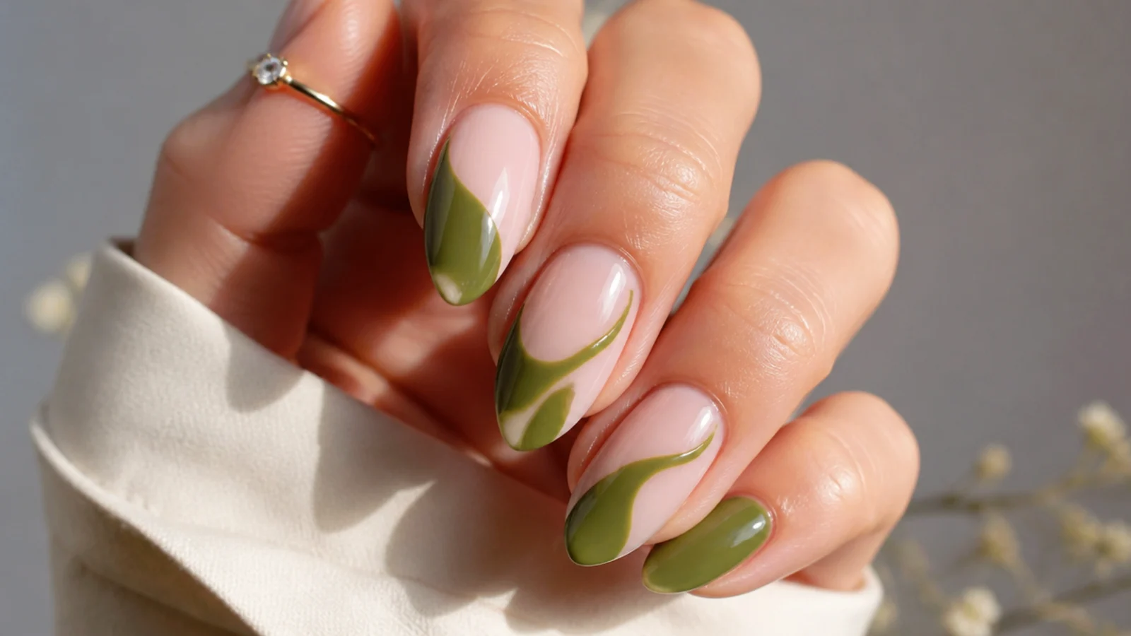 Olive green negative space acrylic nails with bare nude sections