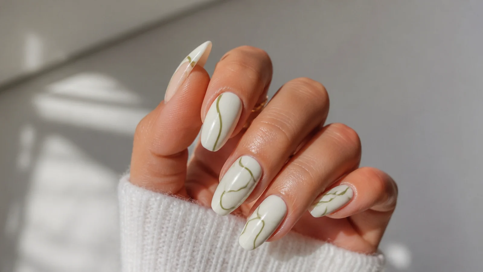 Cream acrylic nails with fine olive green abstract line art