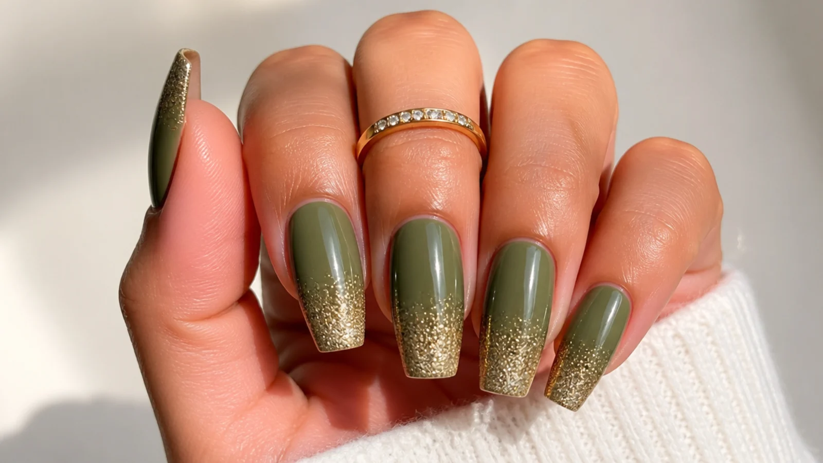 Olive green acrylic nails fading into gold glitter at the tips