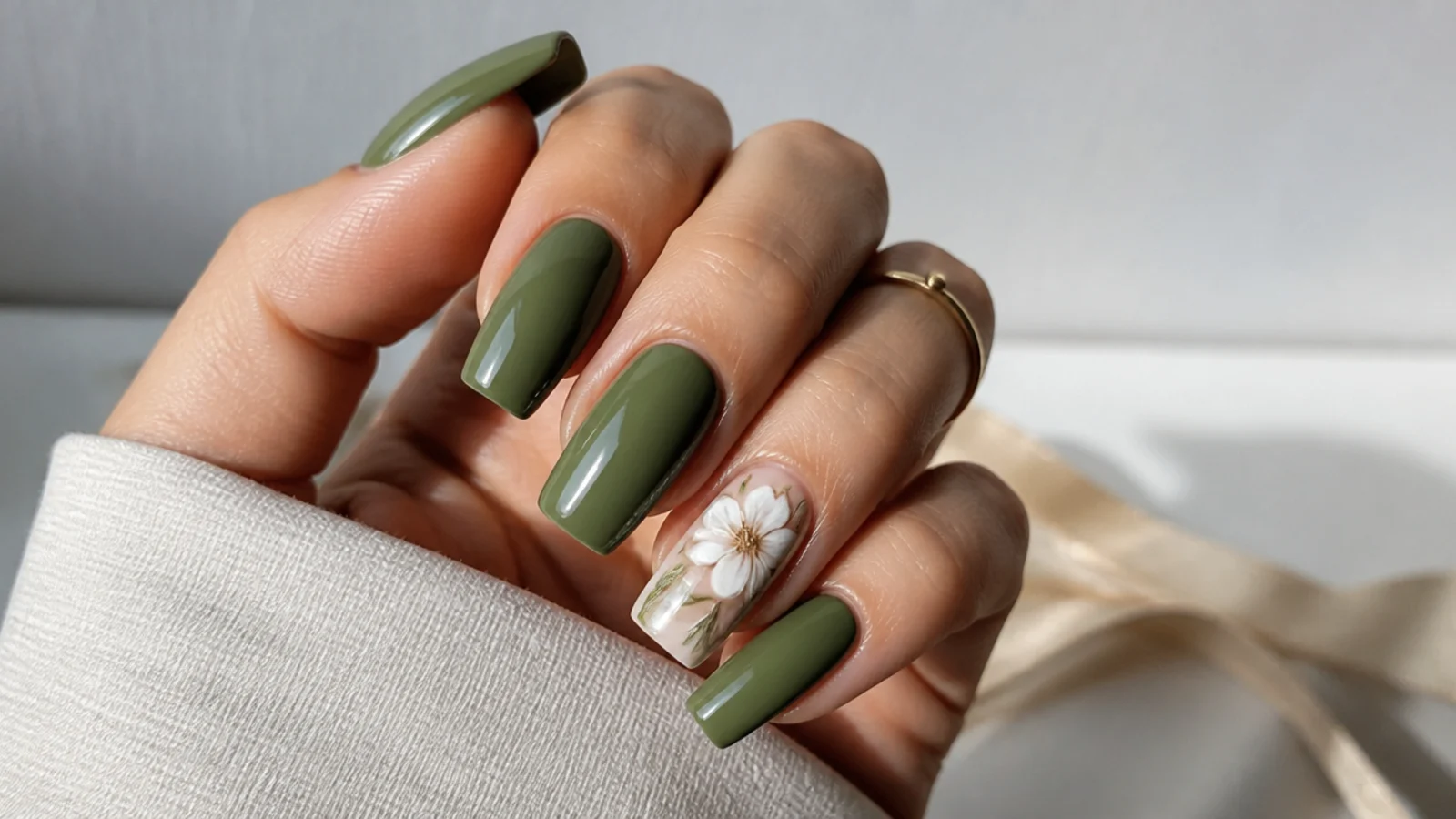 Olive green acrylic nails with a hand-painted cream and gold floral nail