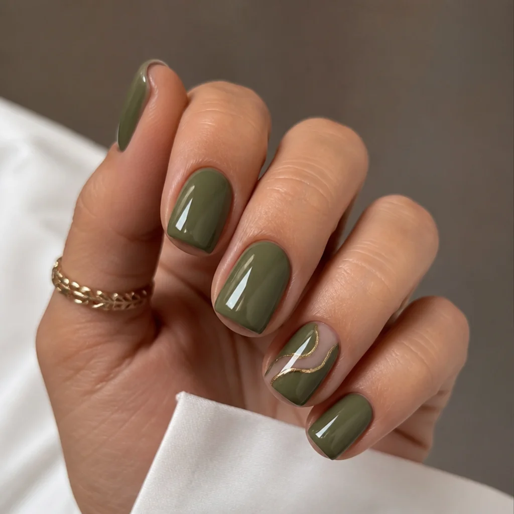 Short square olive green acrylic nails in a neat glossy finish