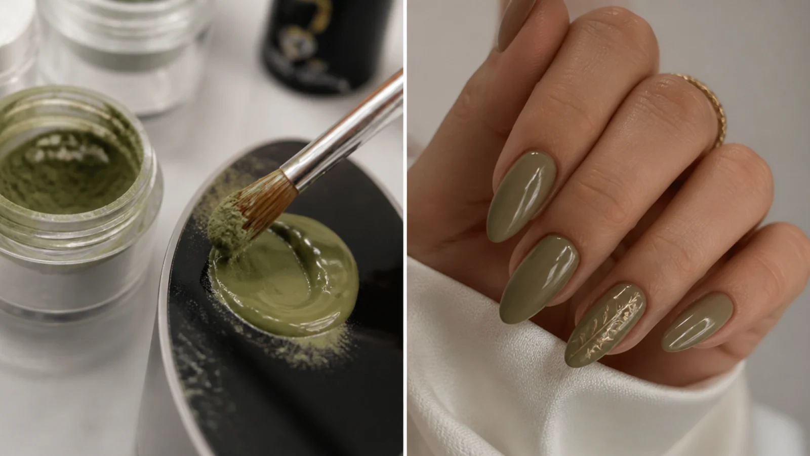 Olive green acrylic powder and gel being custom-mixed to a khaki tone