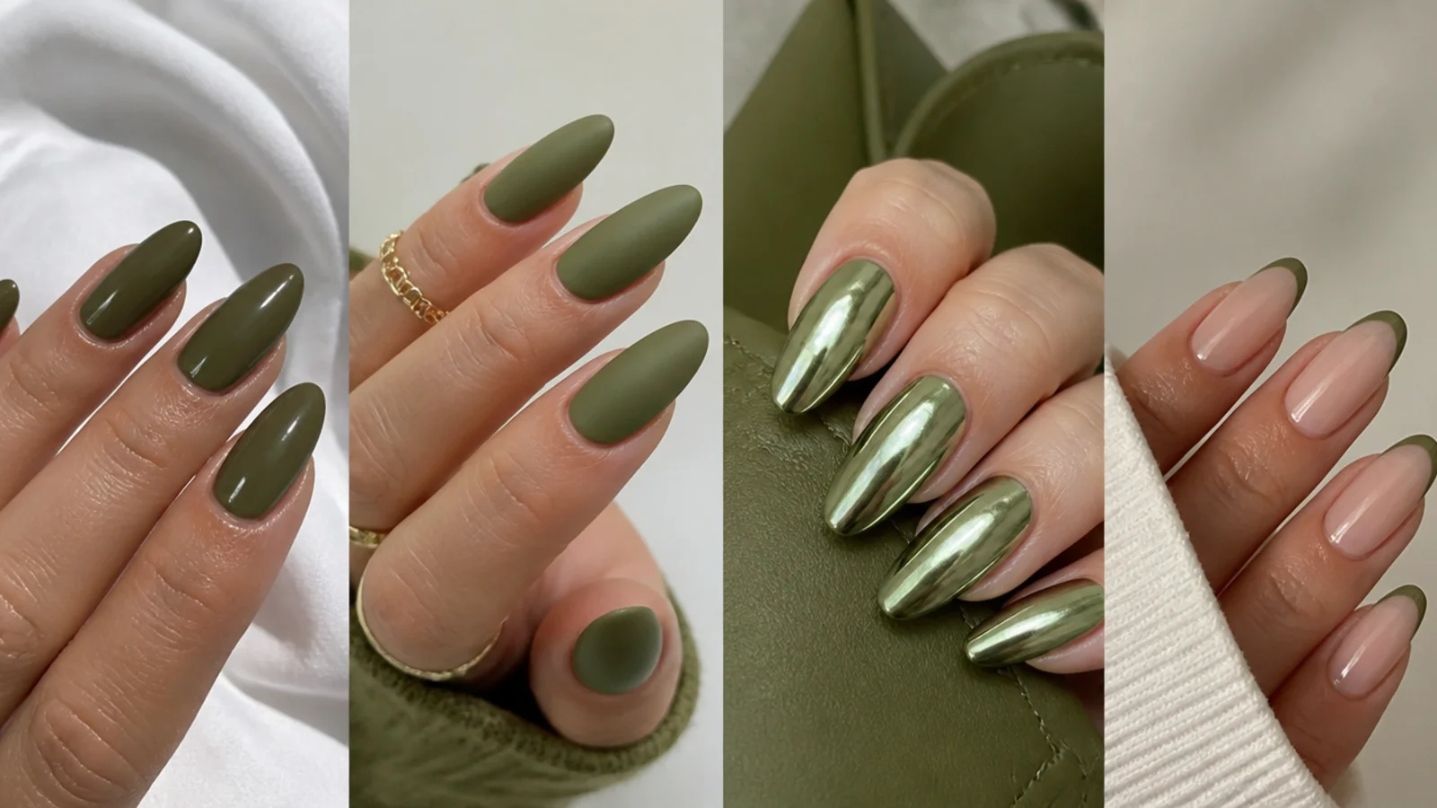 Olive green nails shown in glossy, matte, chrome and french finishes