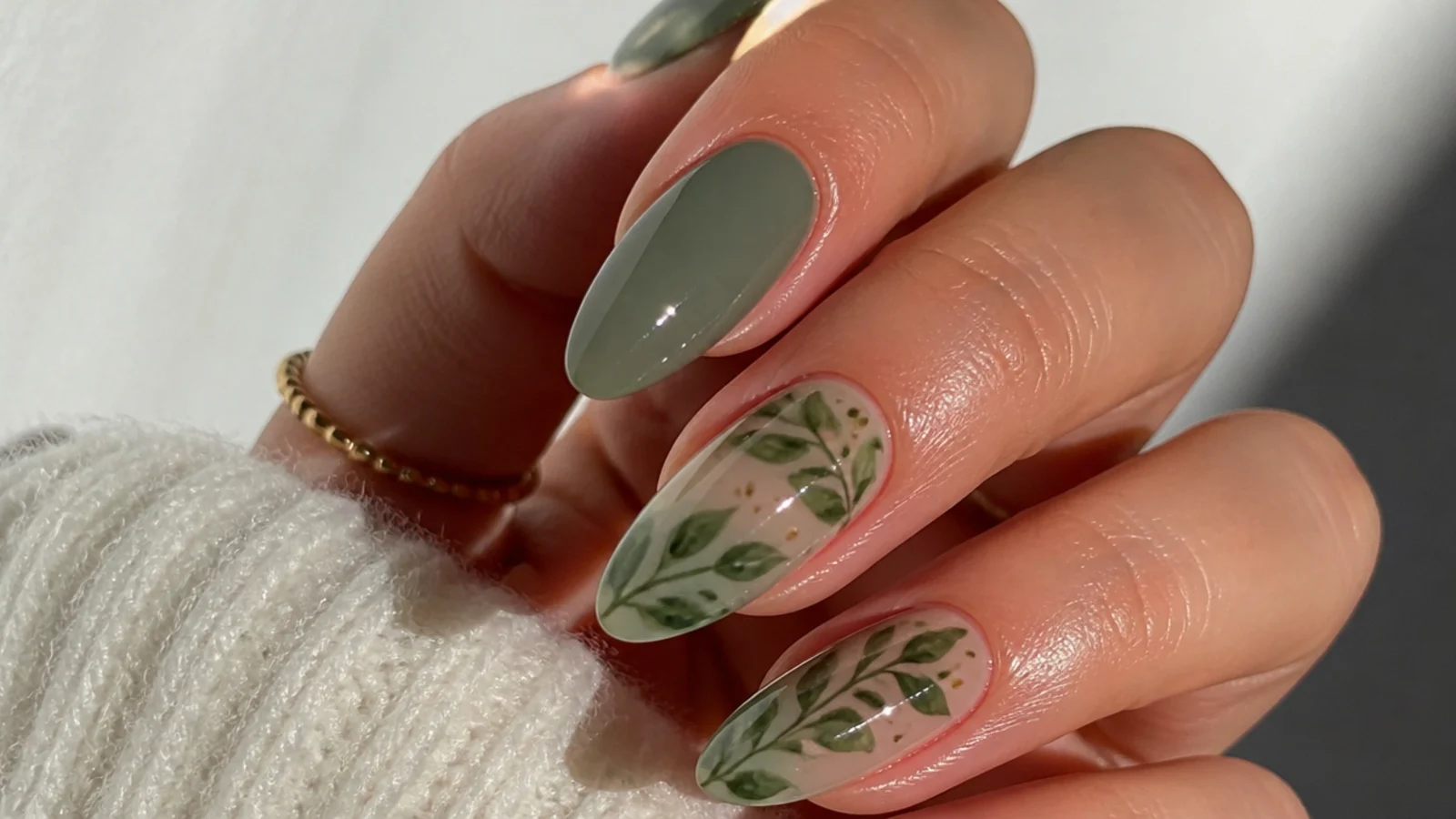 Well-maintained olive green acrylic nails with cuticle oil for longevity