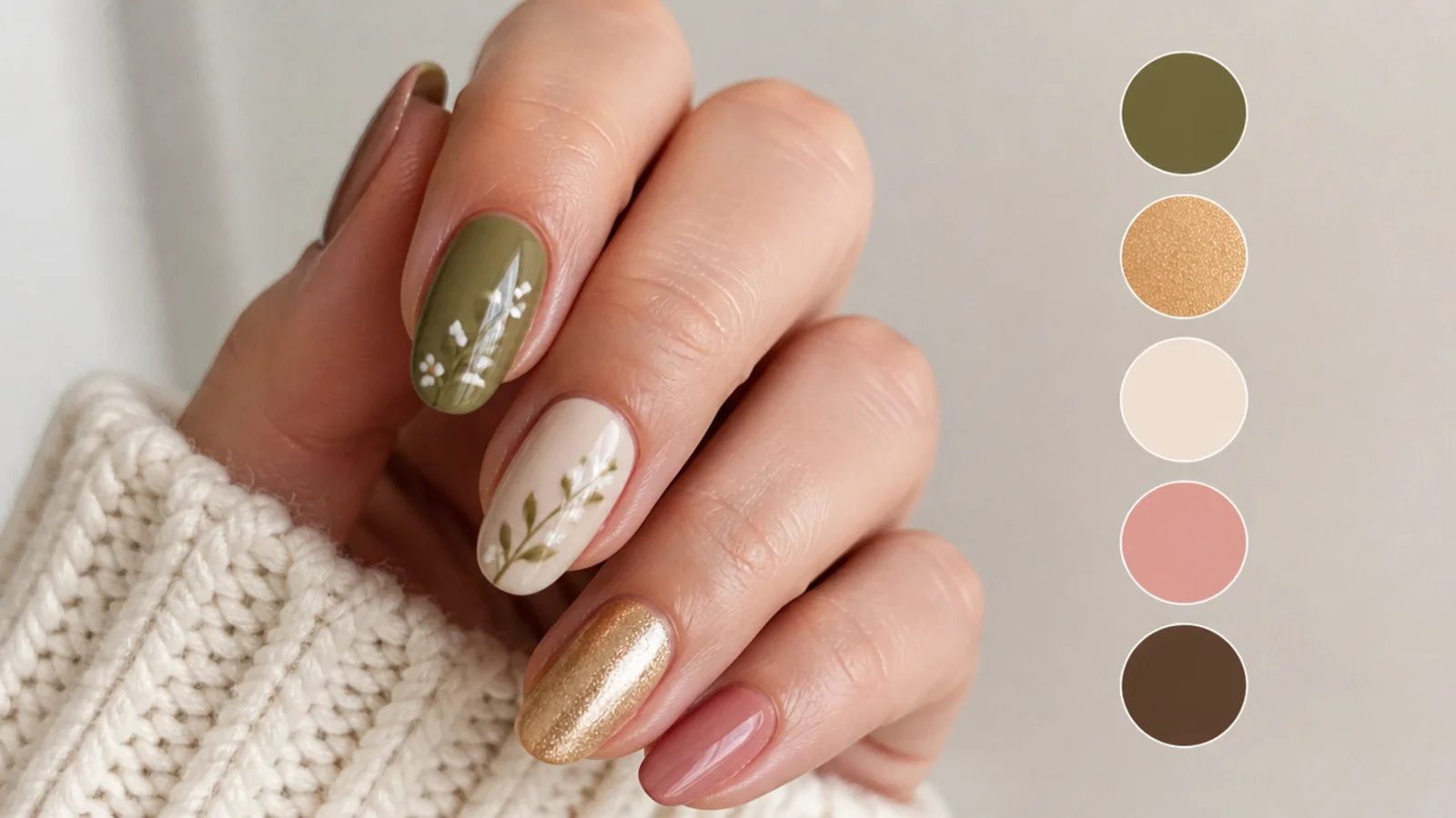 Olive green nails shown beside gold, cream, soft pink and brown swatches