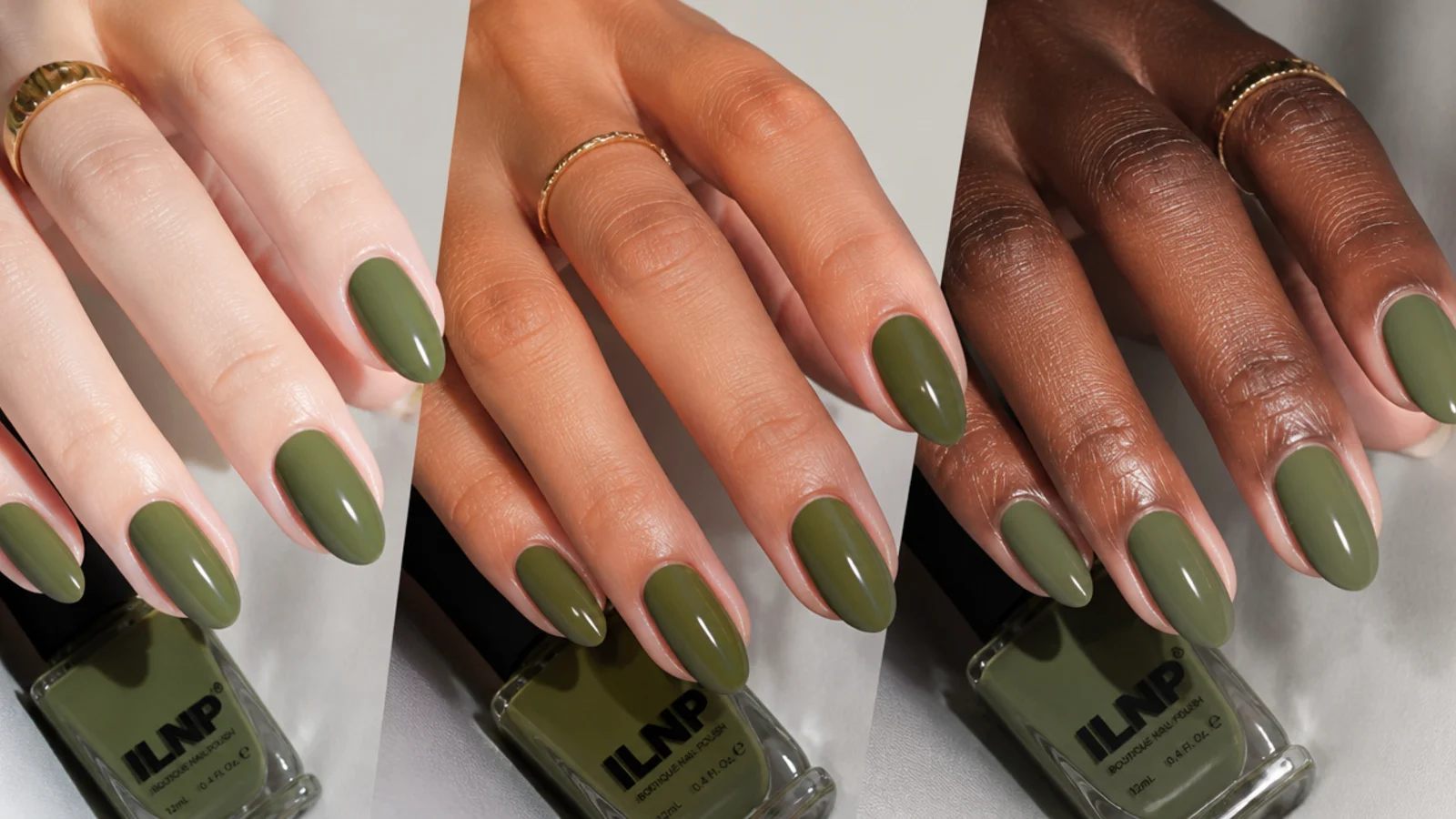 Three olive green nail swatches shown against fair, tan and deep skin