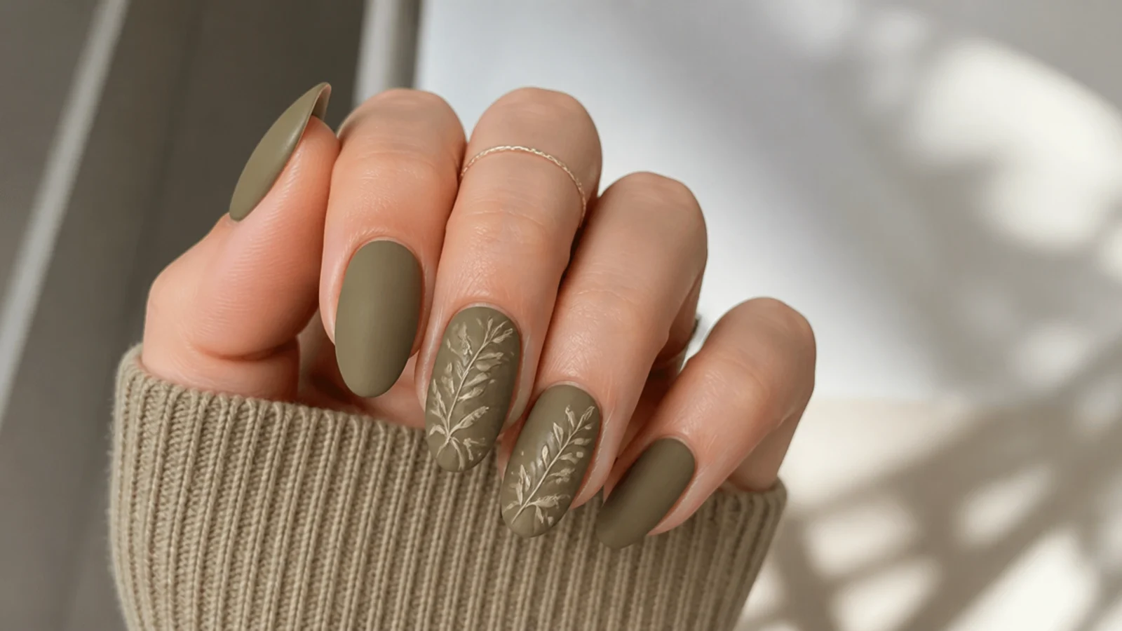 Matte muted khaki olive green almond nails