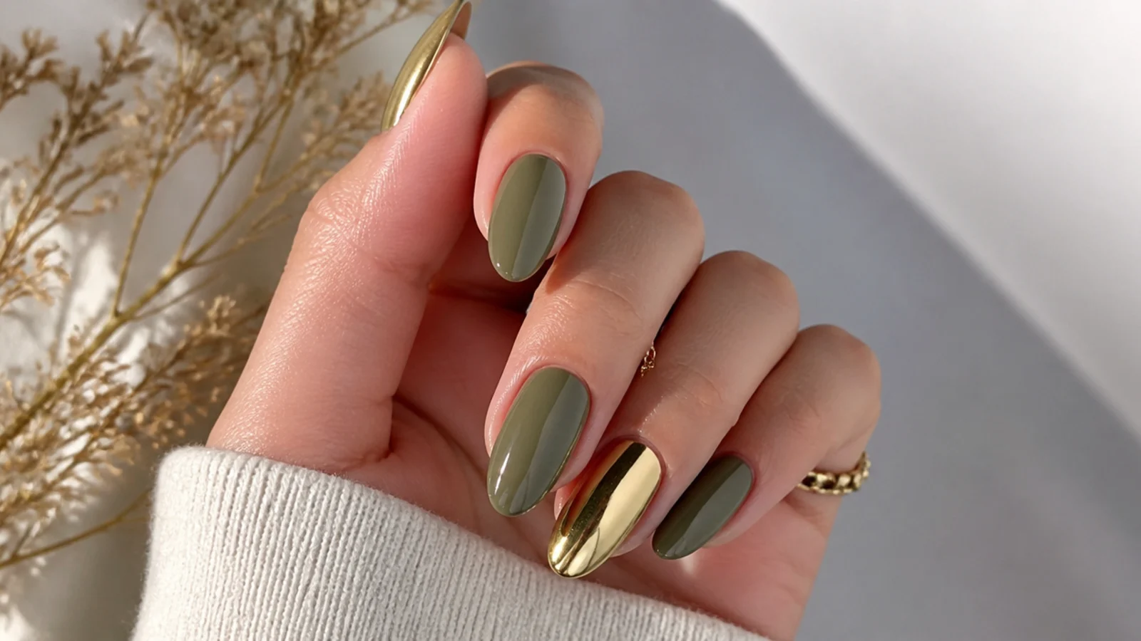 Warm olive almond nails with gold chrome accent nails