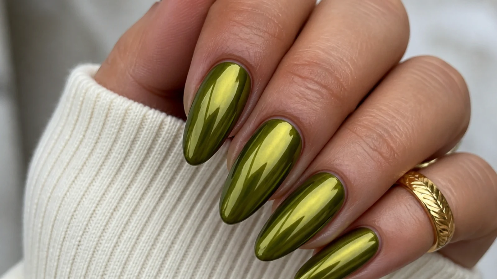 Mirror-finish warm olive green chrome almond nails