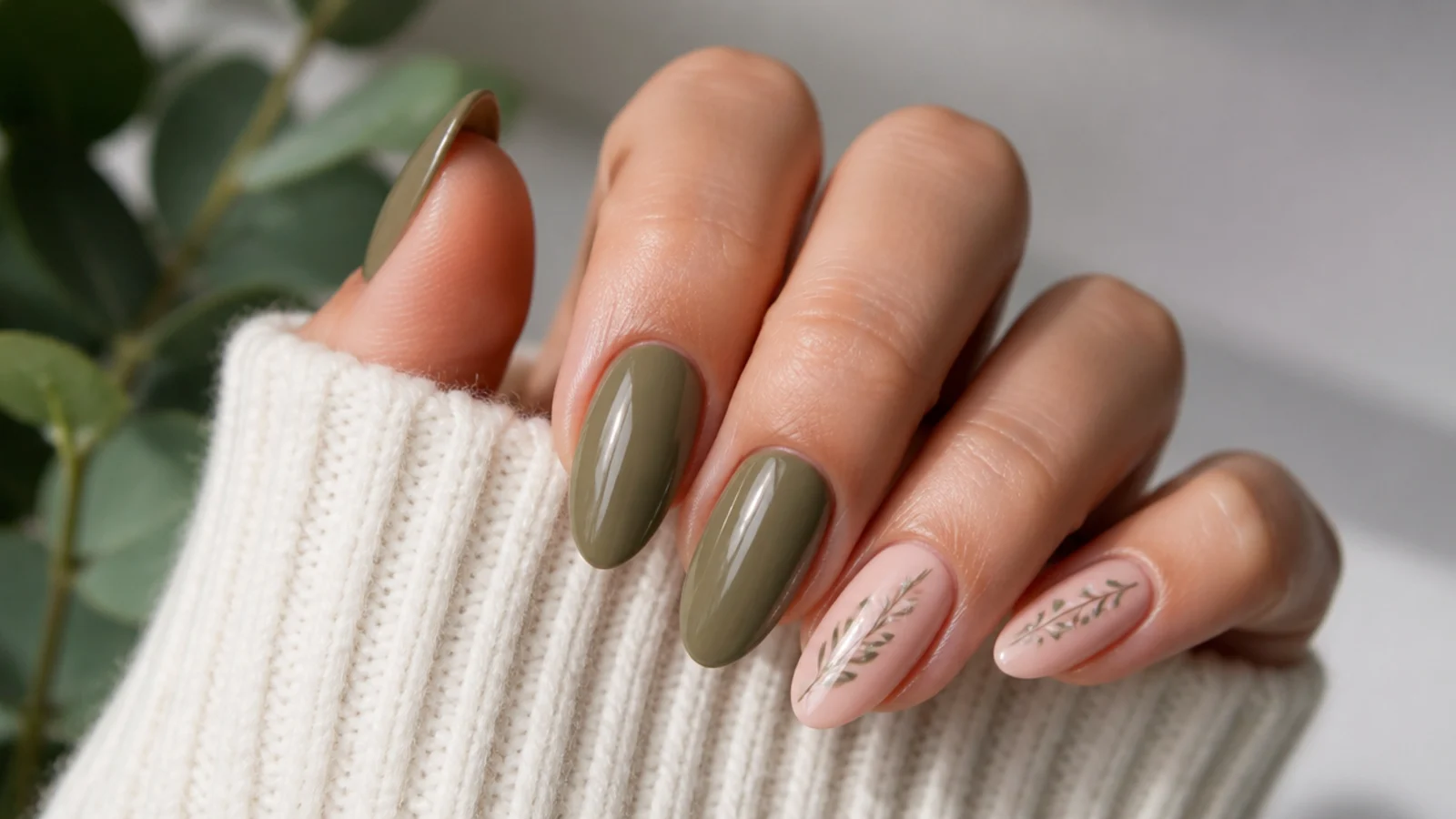 Warm olive almond nails with soft blush pink accent nails
