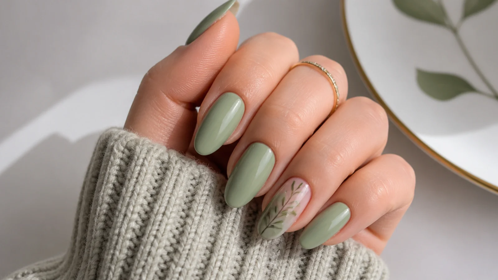 Lighter grayed sage olive green almond nails on fair skin