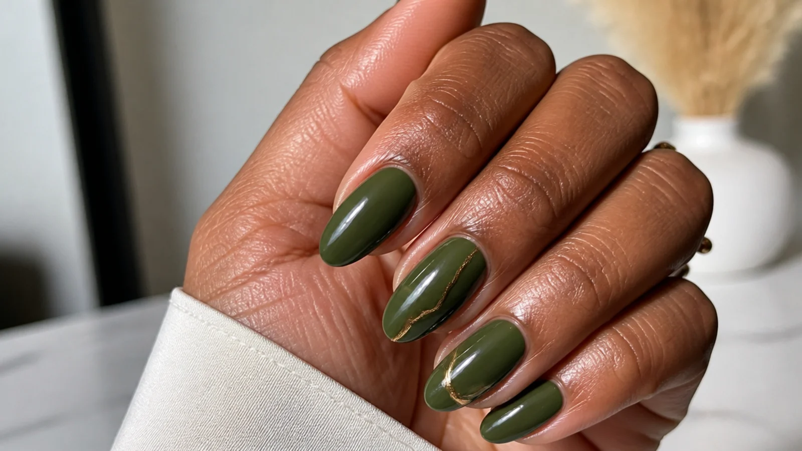 Rich saturated deep olive green almond nails on deep skin