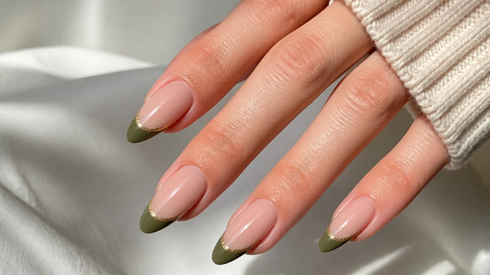 Nude almond nails with olive green french tips lined in gold