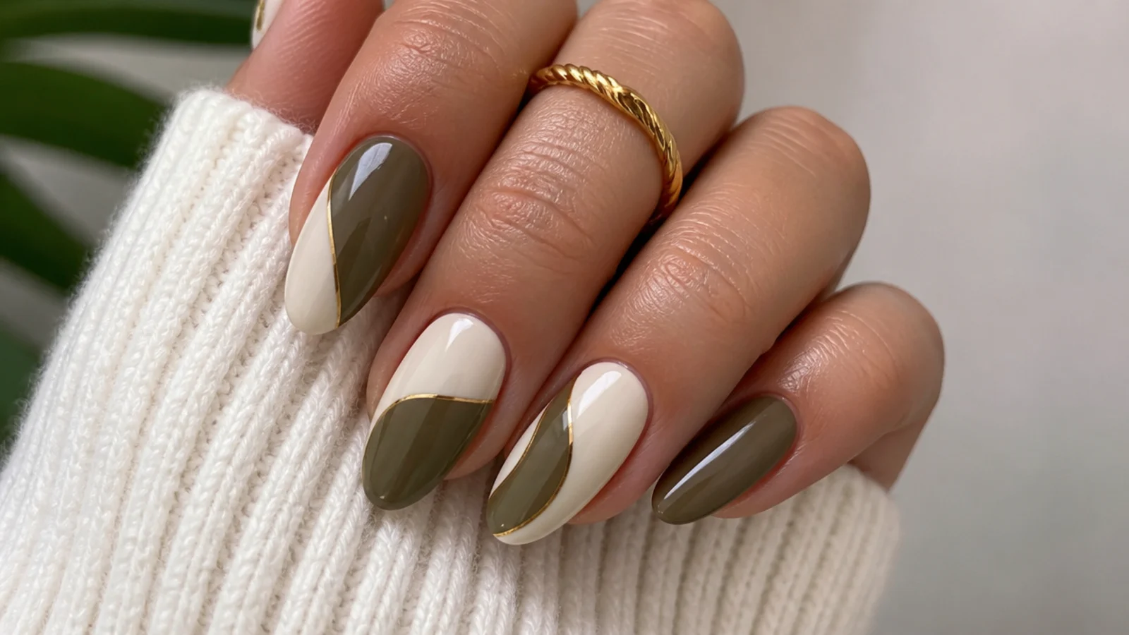 Warm olive and cream color-blocked almond nails