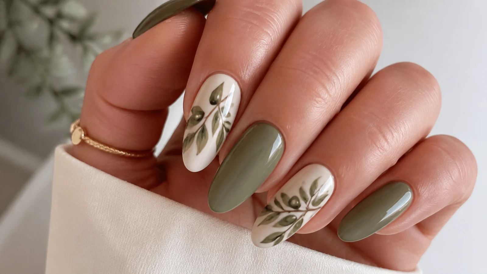 Warm olive almond nails with hand-painted olive leaf branches