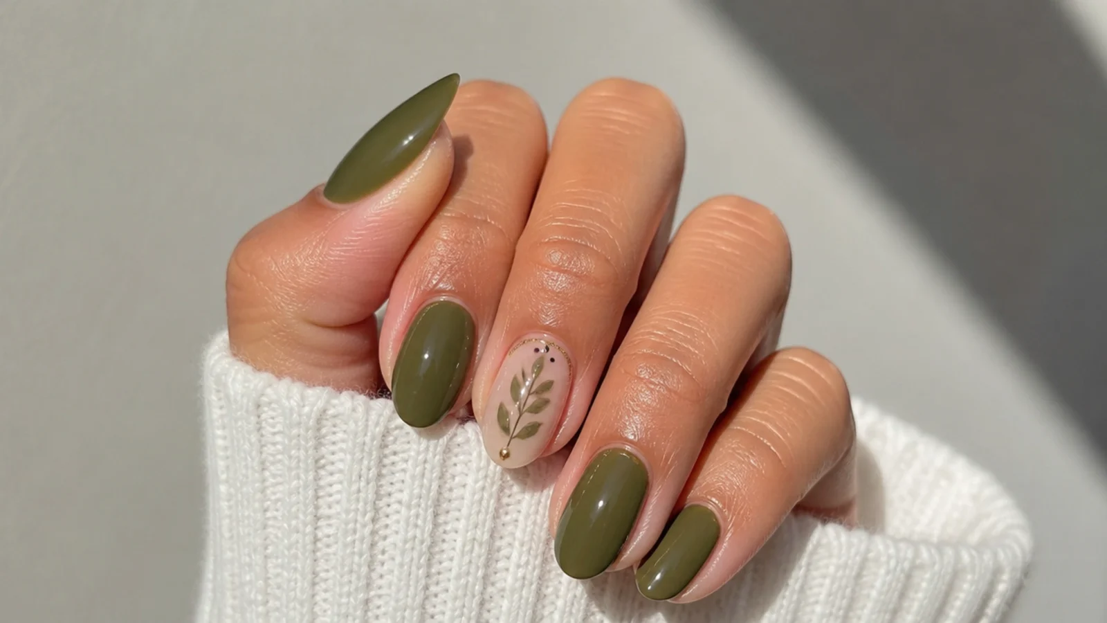 Short almond warm olive green nails on medium skin