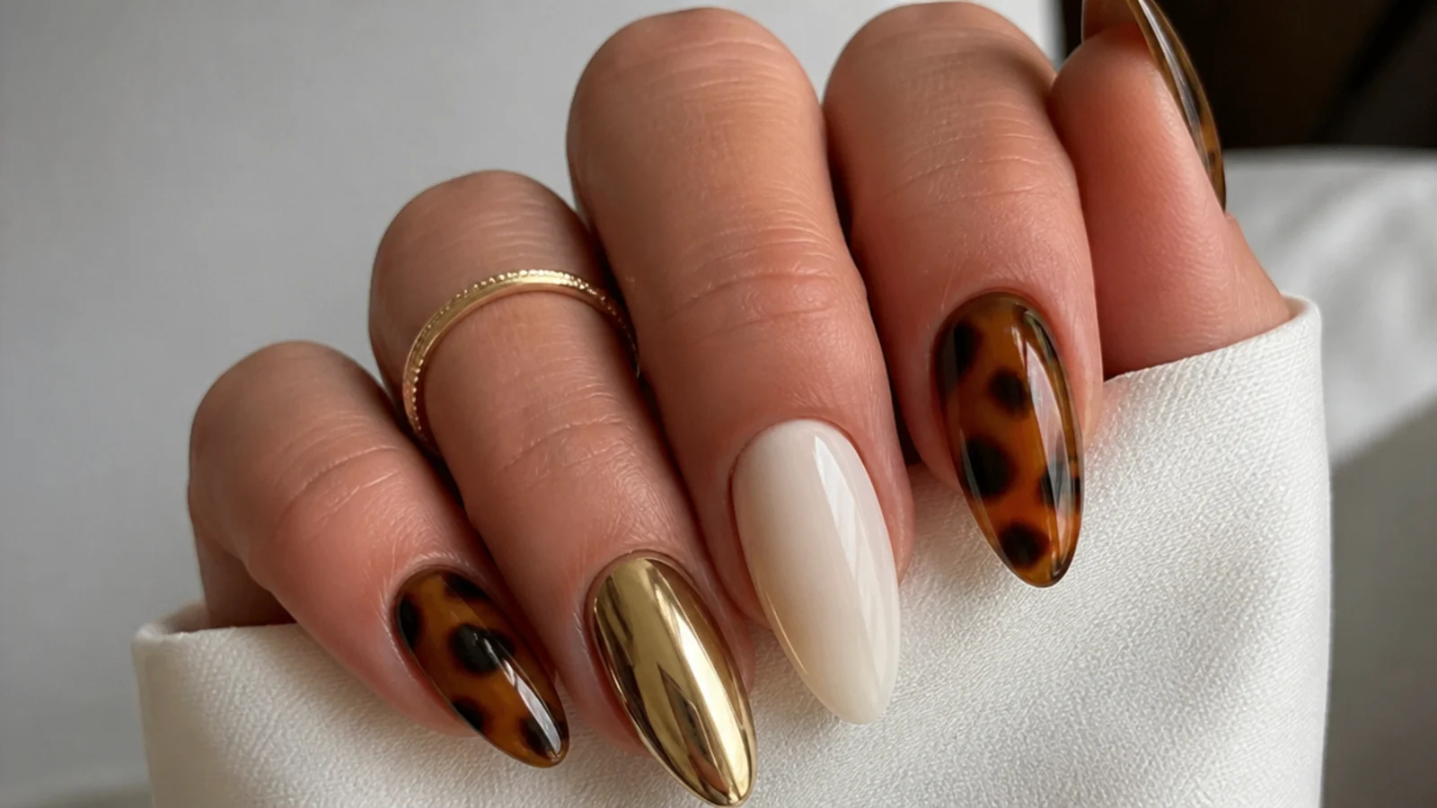 Warm olive almond nails mixing gold chrome, cream and tortoise finishes