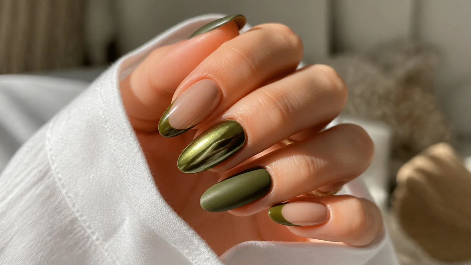 Glossy, matte, chrome and french warm olive almond nail finishes