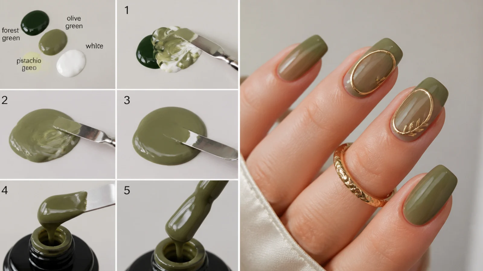 Mixing and layering a muted khaki-olive gel to build the exact shade