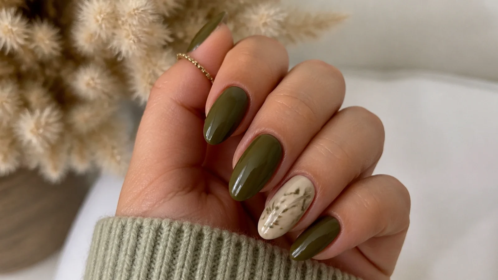 Warm olive almond nails styled for fall, boho weddings and everyday wear