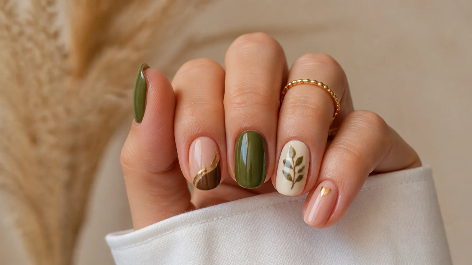 Olive green nails paired with gold, cream, soft pink and brown swatches