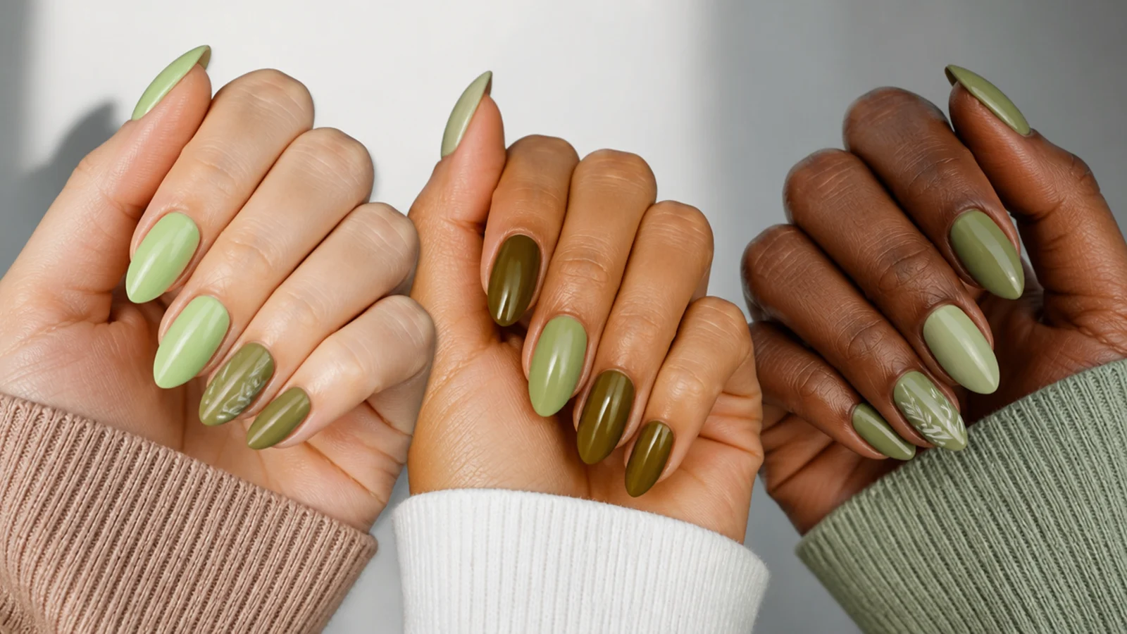 Warm, light and deep olive green swatches against different skin tones