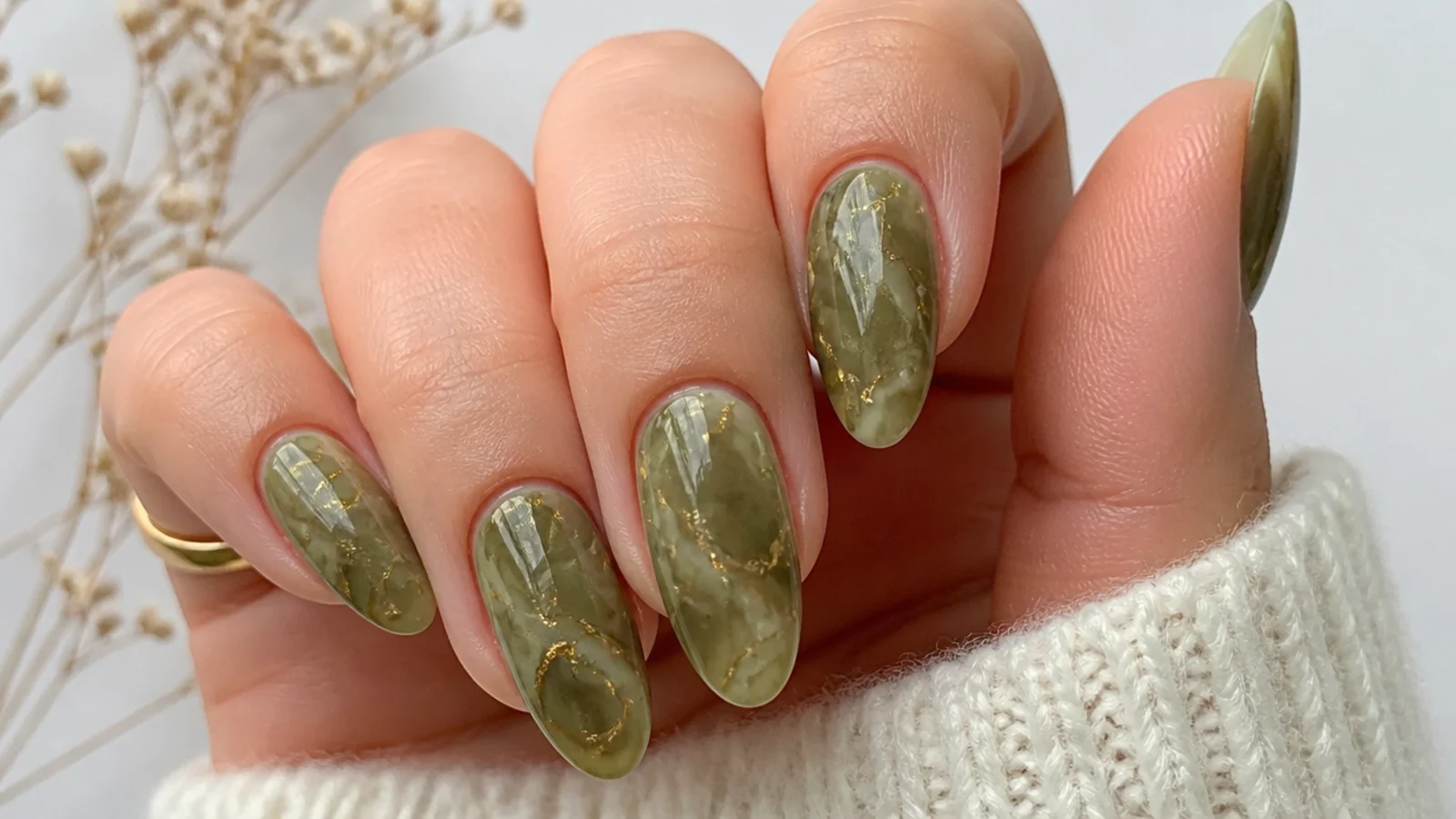Olive green marble nails threaded with thin gold foil veins