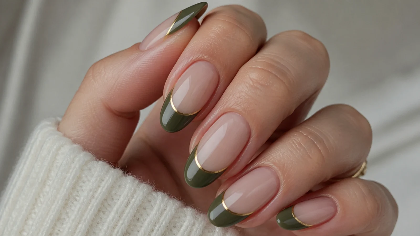Nude nails with olive green french tips lined in thin gold