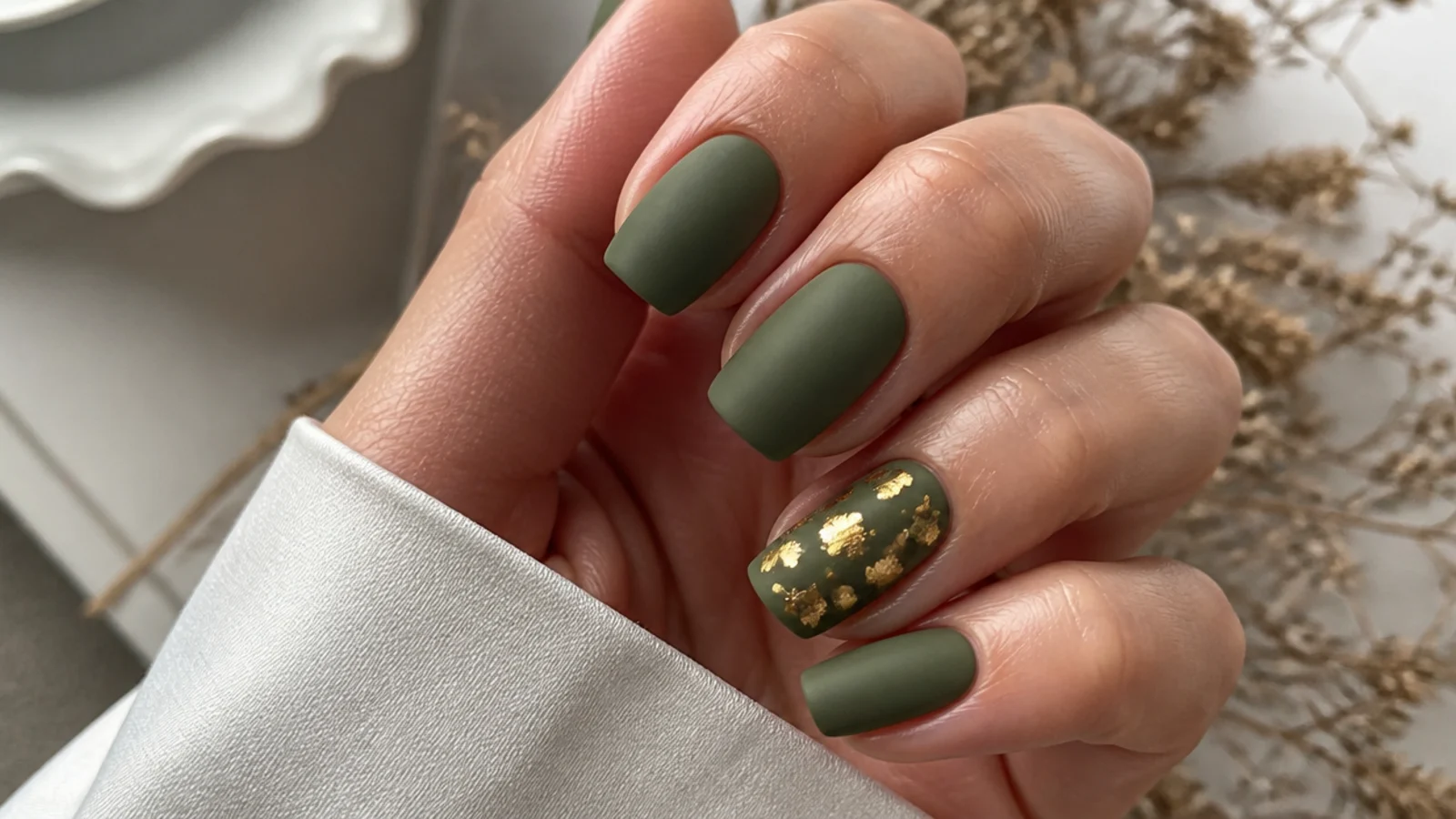 Matte olive green nails with scattered gold leaf flakes on one accent