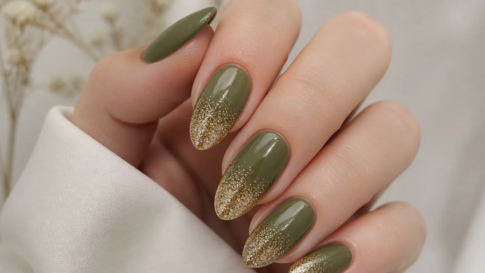 Glossy olive green nails with gold glitter fading in from the tips