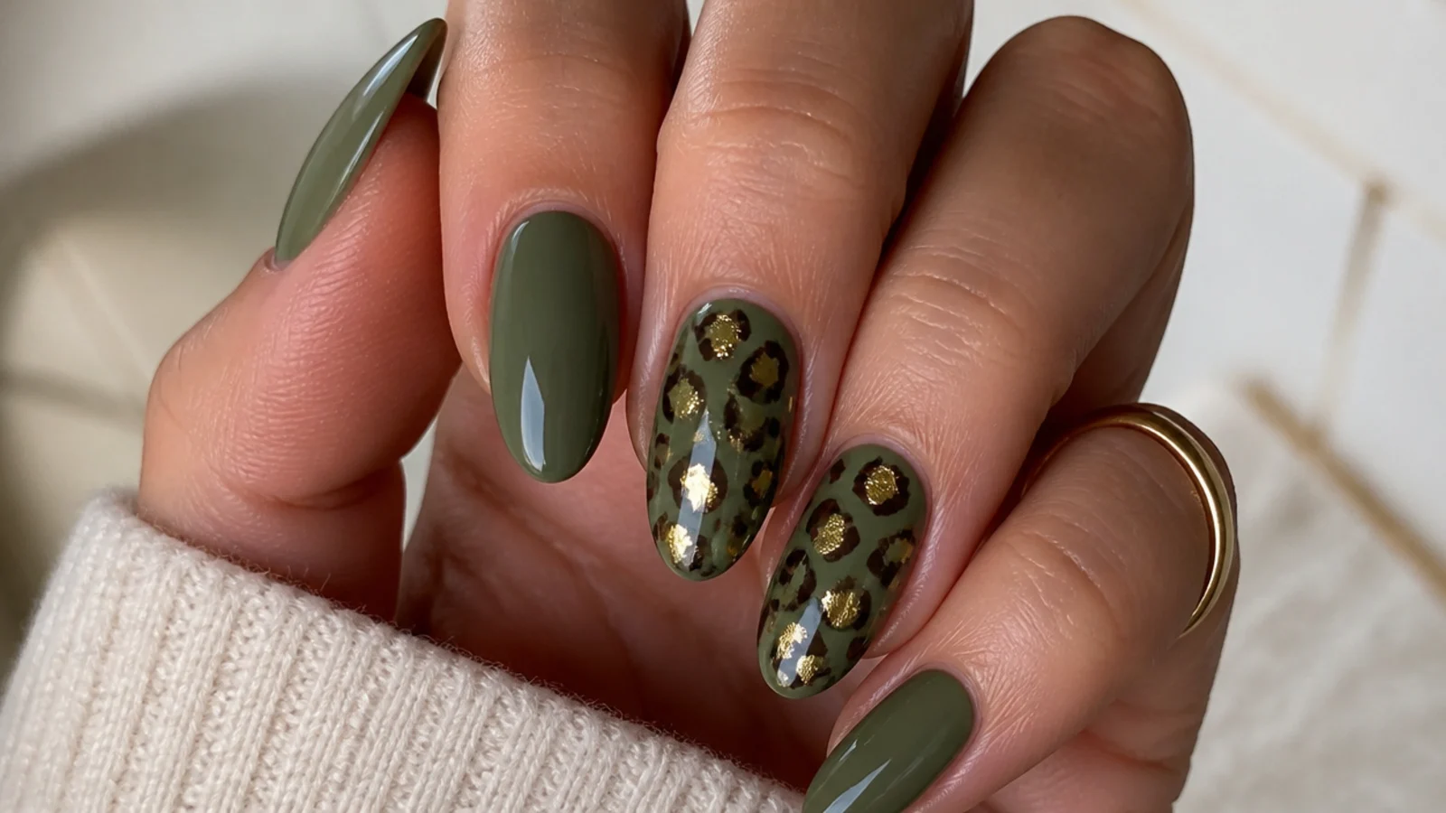 Olive green nails with brown and gold cheetah print spots
