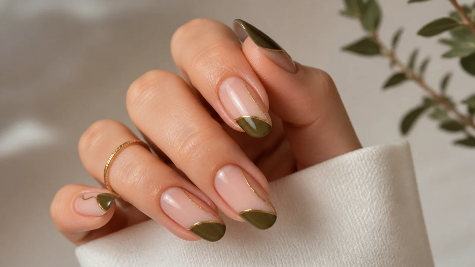 Clear nails with olive green blocks and thin gold negative-space lines
