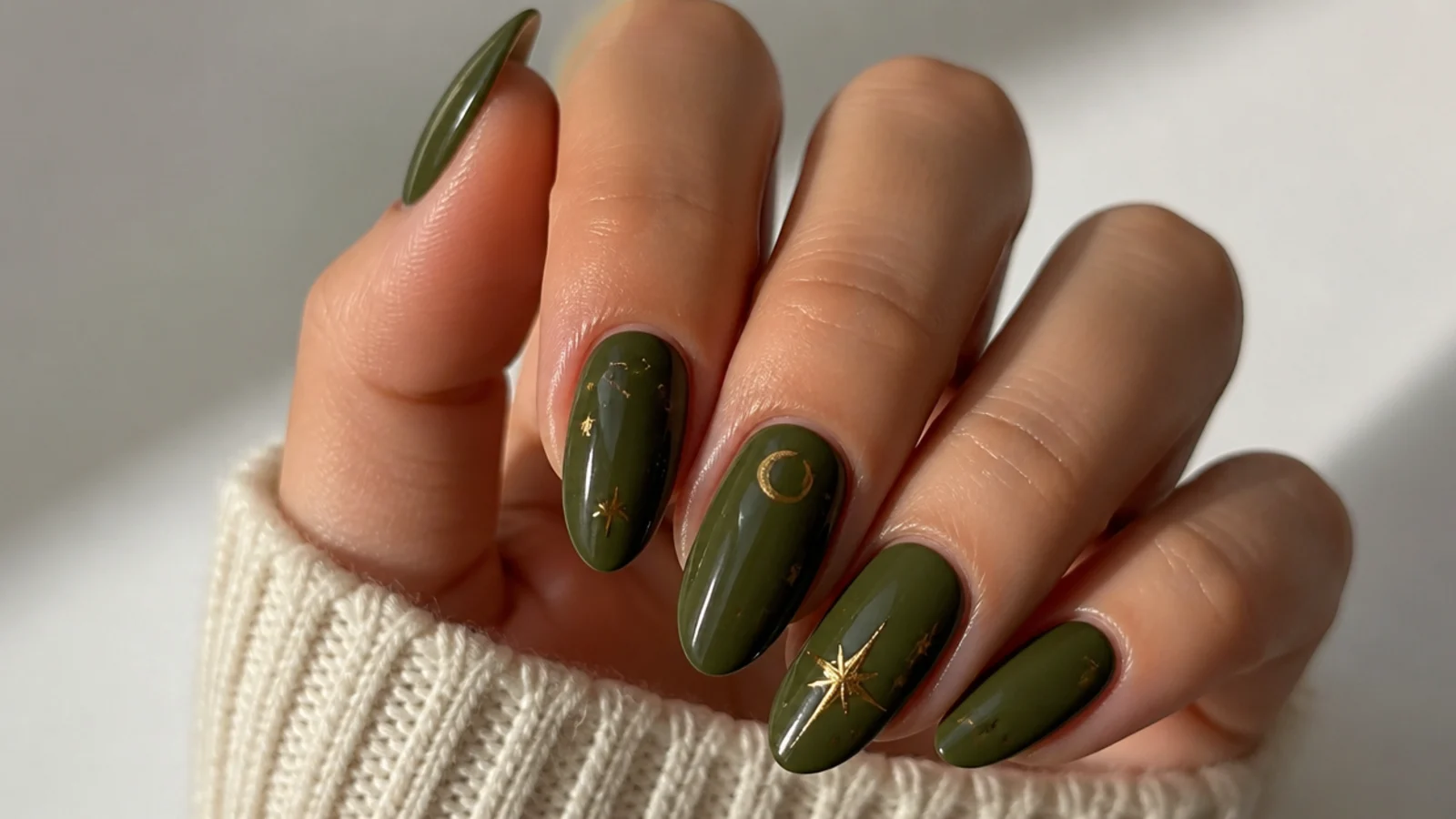 Olive green nails with small gold star and celestial accents