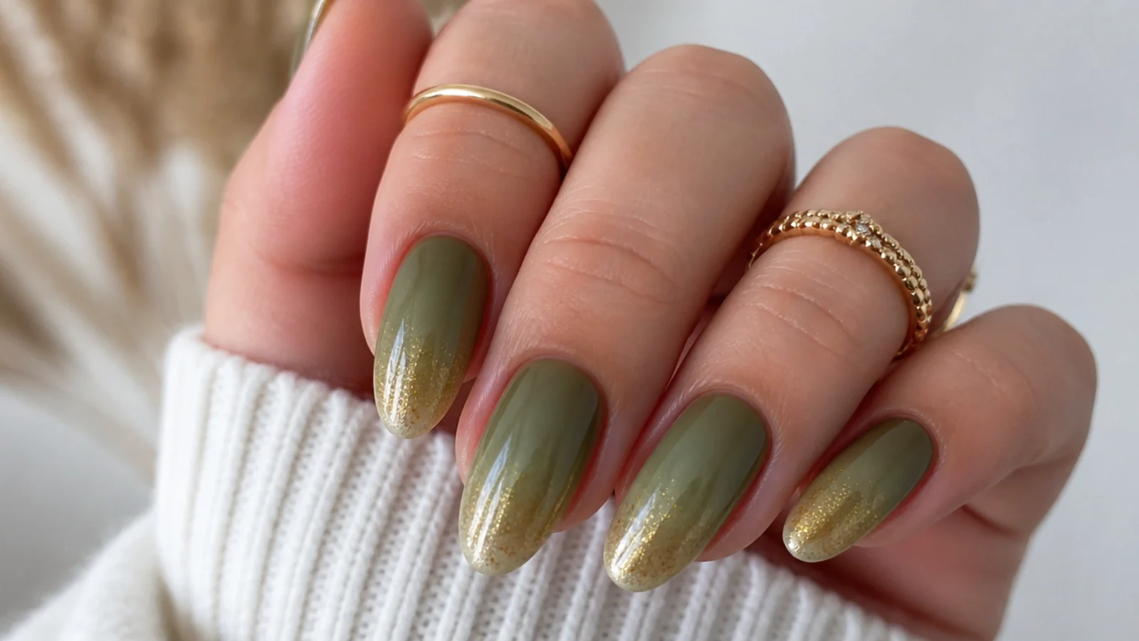 Olive green to gold ombre nails blending from base to tip