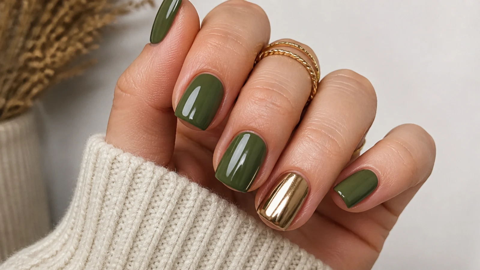Short square olive green nails with one gold chrome accent nail