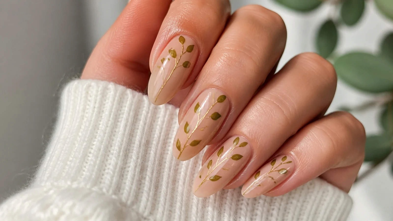 Nude nails with olive green leaves on thin gold botanical vines