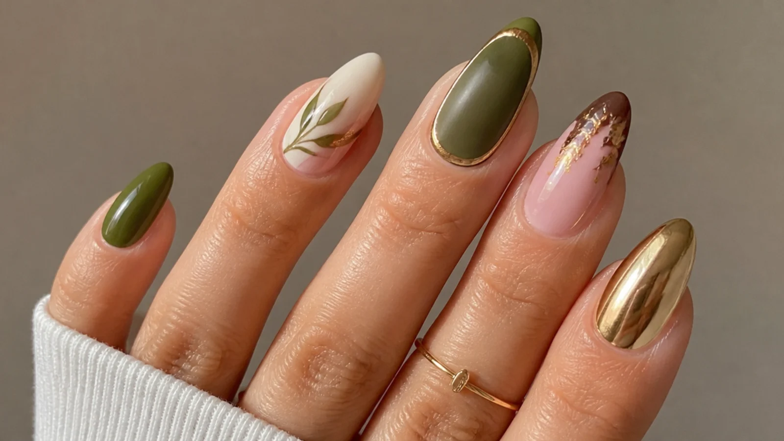 Olive green nail swatches paired with gold, cream, pink, brown and chrome