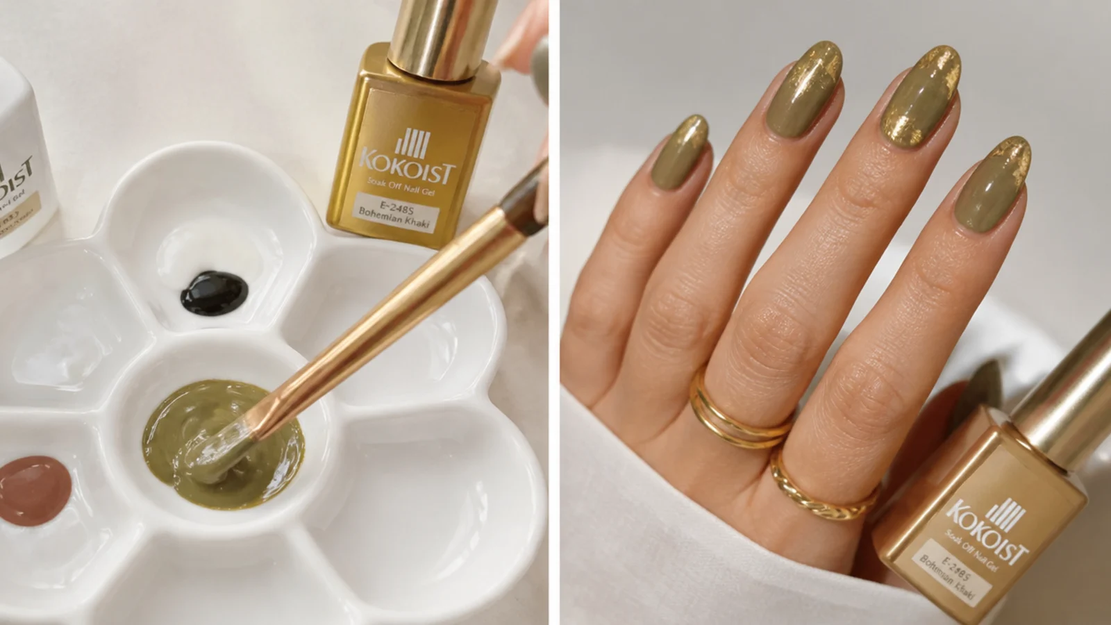 Mixing gel to build a muted khaki-olive shade with gold accent bottle