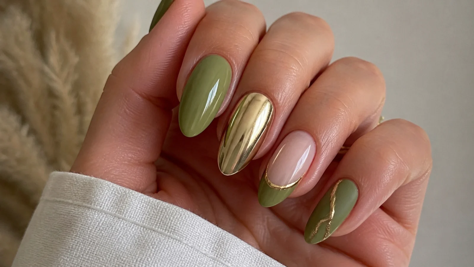 Olive green and gold nails in chrome, french, glossy and matte finishes