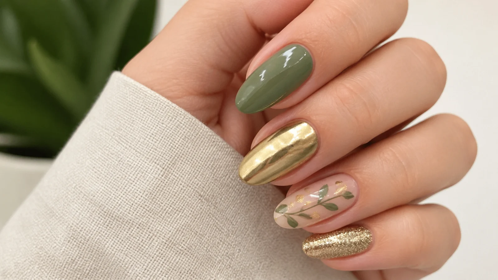 Muted olive green and gold nails on an almond shape with a chrome accent