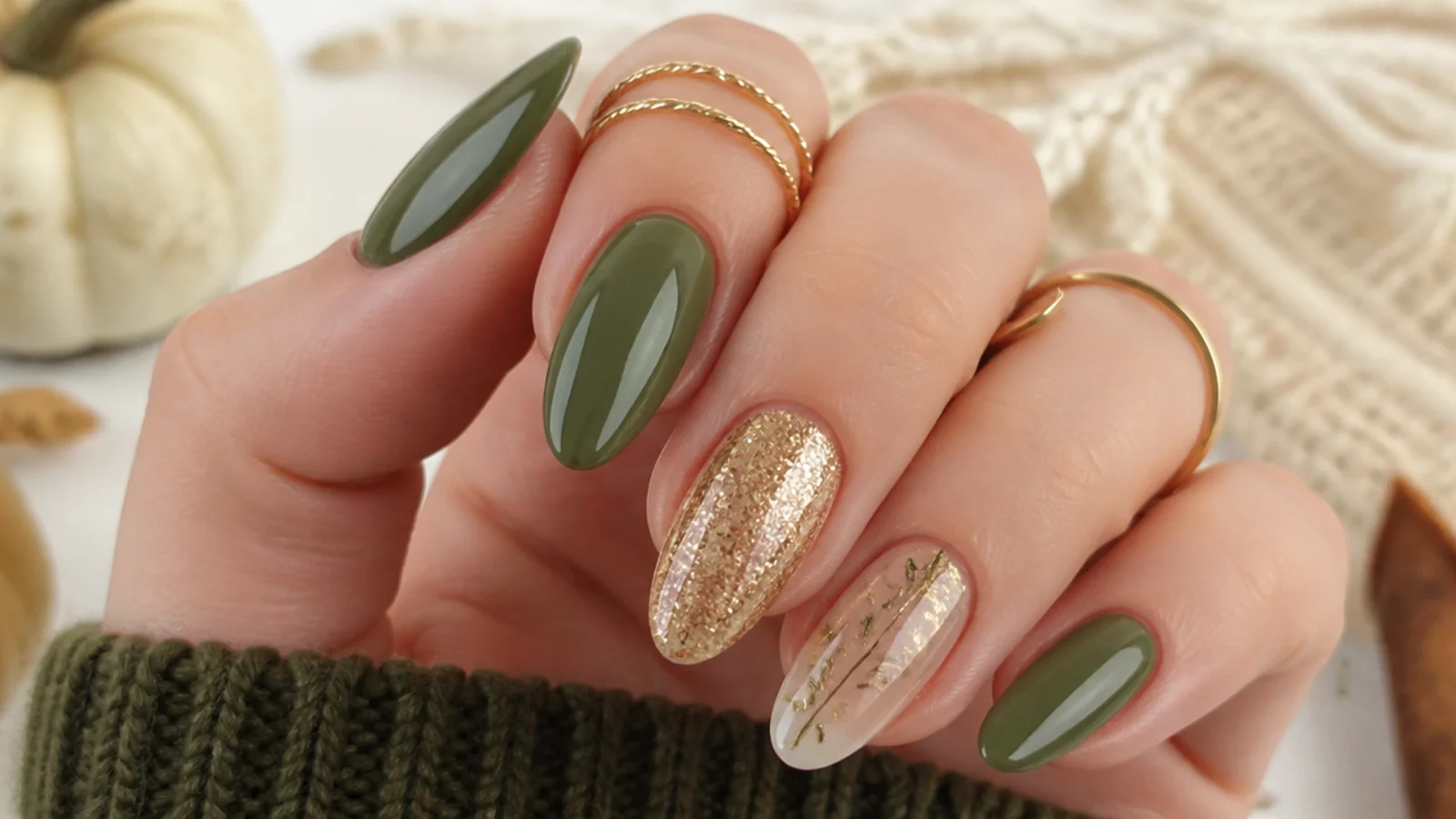 Olive green and gold nails styled for fall and evening occasions