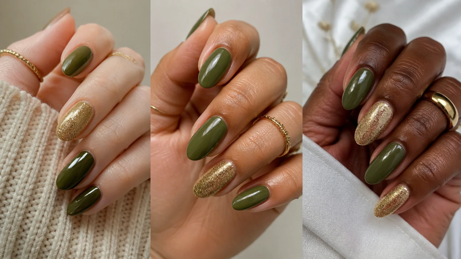 Olive green and gold nails shown on fair, tan and deep skin tones